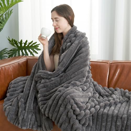 Amélie Home Faux Fur Throw Blanket for Couch, Cozy Fuzzy Fluffy Fur Luxurious Soft Striped Plush Gift Blankets for Family Sofa Chair Bedroom, 55"x70", Charcoal Grey - color: Striped Charcoal Gray, size: Throw(55"x70")