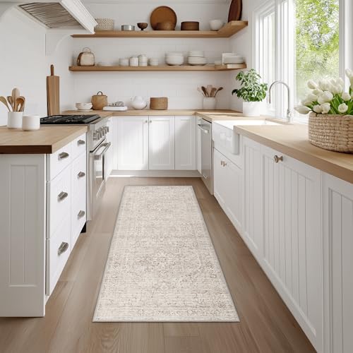Fmfunctex 2x6 Hallway Runner Rug Beige Vintage Neutral Washable Distressed Non Slip Low Pile Traditional Indoor Carpet Soft Retro Entryway Rug for Kitchen Living Room Bedroom Bathroom Laundry Entrance - color: Beige, size: 2' x 6' (Rectangular)