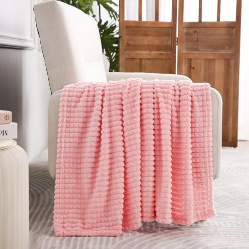 Puncuntex Light Pink Flannel Fleece Throw Blanket 50"×60",Soft Plush Cozy Valentines Blankets,Birthday Gifts for Mom,Women,Mothers Day with Square Grid Design for Couch Sofa Chair - color: Light Pink, size: 50"×60"