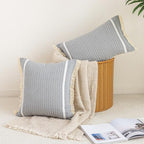 CARRIE HOME Modern Farmhouse Grey Pillow Covers 18x18 with Tassels 1 Pack, Neutral Gray Striped Throw Pillow Covers 18 x 18, Grey Cotton Woven Boho Couch Pillows for Couch Bed (No Pillow Inserts) - color: Grey (With Tassels), size: 18" x 18" (Pack of 1)