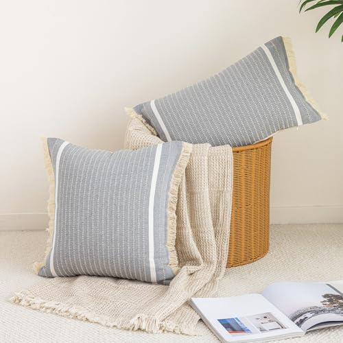 CARRIE HOME Modern Farmhouse Grey Pillow Covers 18x18 with Tassels 1 Pack, Neutral Gray Striped Throw Pillow Covers 18 x 18, Grey Cotton Woven Boho Couch Pillows for Couch Bed (No Pillow Inserts) - color: Grey (With Tassels), size: 18" x 18" (Pack of 1)