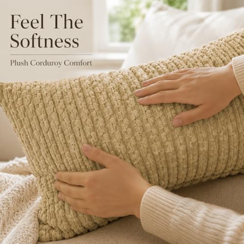 JoraLion 12x24 Boho Decorative Lumbar Throw Pillow Cover, Khaki Cozy Soft Striped Corduroy Long Rectangle Cushion Case Accent Home Decor for Sofa Bed Room Livingroom, ONLY Cover - color: Khaki, size: 24" x 12" (Pack of 1)