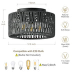 12.6”Rattan Flush Mount Ceiling Light Fixtures, 3-Light Boho Light Fixture Rattan Hand-Woven Chandelier Close to Ceiling Light Fixture for Bedroom Hallway Kitchen Dining Room Nursery(Black) - color: 12.6”Black