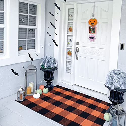 Fall Décor Orange and Black Plaid Rug, 2'4" x 3'7" Fall Outdoor Front Door Decorative Mat, Hand-Woven Rug for Layered Door Mats Washable Carpet for Porch, Entryway, Farmhouse, Autumn, Halloween - color: Orange and Black Plaid, size: 2'4" x 3'7" (Rectangul