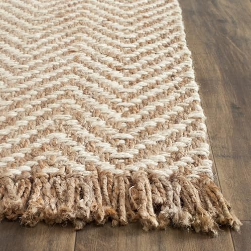 SAFAVIEH Natural Fiber Collection Area Rug - 9' x 12', Bleach & Natural, Handmade Chevron Fringe Jute, Ideal for High Traffic Areas in Living Room, Bedroom (NF458A) - size: 9' x 12' (Rectangular)