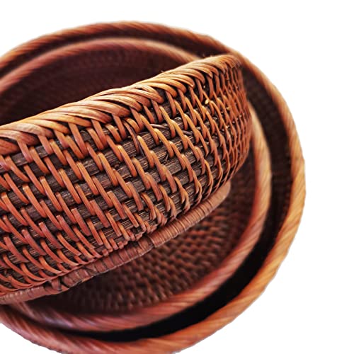 9 Inch Round Rattan Bowl Basket, Handmade Wicker Basket Tray with Scalloped Edge and 3”Deep Wall, Decorative Woven Dark Brown Bread Basket Fruit Bowl Key Holder Table Centerpiece, M - color: M - D8.7 x H2.8 inch