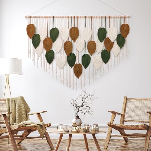 KHOYIME Large Macrame Wall Hanging Boho Woven Tapestry, Chic Home Decor Modern Bohemian Handmade Leaf Feather Wall Art Decorations for Apartment Living Room Bedroom Nursery Backdrop 51.5" W X 33.5" L - color: 51.5"W x 33.5"L