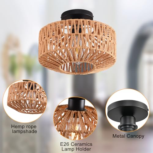 Ceiling Light Fixture,Hand-Woven Rattan Flush Mount Ceiling Light,Farmhouse Light Fixtures Ceiling Mount Boho for Hallway Bedroom Kitchen Entryway Living Room - color: 9.8 IN Ceiling Light