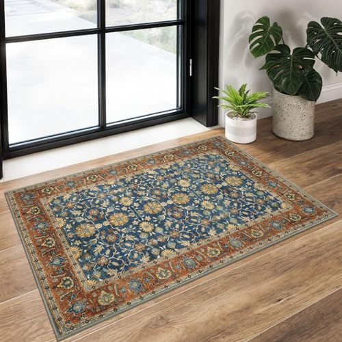 KUTA Vintage 2x3 Rugs for Entryway, Non-Slip Washable Kitchen Area Rug & Indoor Door Mat with Floral Print, Blue Terracotta Ultra Thin Soft Low-Pile Throw Rug for Front Door, Bedside, Small Spaces - color: Blue Terracotta, size: 2' x 3' (Rectangular)
