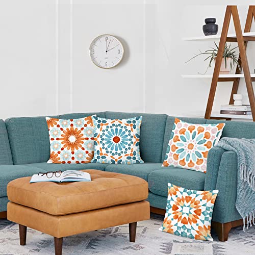Bonhause Boho Outdoor Pillow Covers 18x18 Inch Set of 4 Orange Mandala Decorative Throw Pillow Cases Soft Velvet for Sofa Couch Garden Bedroom Home Decor - color: Orange & Blue, size: 18" x 18" (Pack of 4)