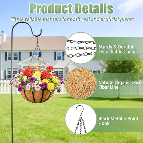 4 Pack 12 Inch Hanging Baskets for Plants Outdoor Metal Hanging Planters Round Hanging Flower Pots with Coco Coir Liner Plant Holder for Outdoor Patio Garden Balcony Decor - Flat Iron - color: Flat Iron