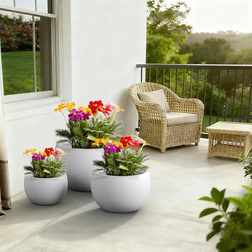 Kante 19.9",15.7",11.8" Dia Round Concrete Planter Set of 3, Outdoor/Indoor Large Bowl Plant Pots with Drainage Hole and Rubber Plug for Garden Patio Balcony Home, Pure White - color: Pure White, size: 19.9"D + 15.7"D + 11.8"D