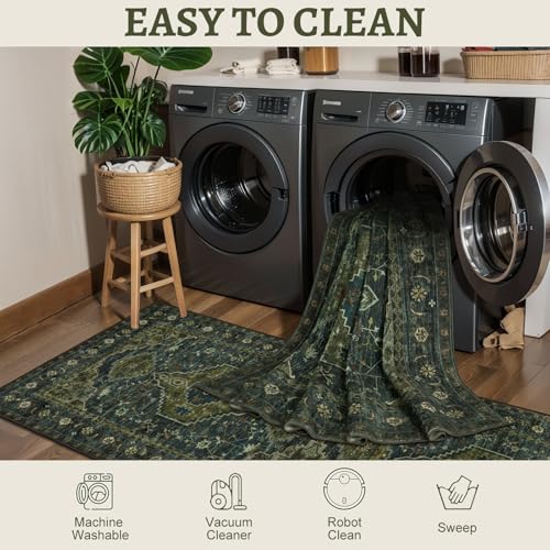 Tangsoo Oriental Small Washable Rugs for Entryway 2x3 Vintage Olive Green Rug Non Slip Small Area Rug, Front Door Boho Print Door Mat Indoor Entrance Soft Low Pile Throw Rug for Entry Kitchen Bedroom - color: Dark Blue/Green, size: 2' X 3' (Rectangular)
