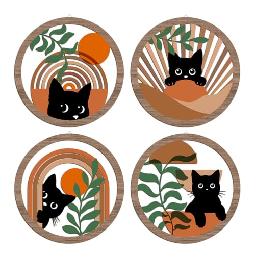 4PCs 3D Boho Cat Hanging Wooden Wall Art Wall Decor, Botanical Wall Decor Bohemian Decor, Cat Lover Gifts, Wooden Sign Wood Art Wood Plaque Home Decor for Living Room Bedroom Farmhouse Office - color: Multi 0062