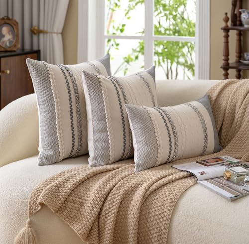 Cethom Boho Throw Pillow Covers 12x20 Inch Set of 2, Grey Textured Decorative Couch Pillow Cases for Farmhouse Home Decor, Accent Cushion Cover for Sofa, Bed, Living Room, Bedroom - color: Grey, size: 20" x 12" (Pack of 2)
