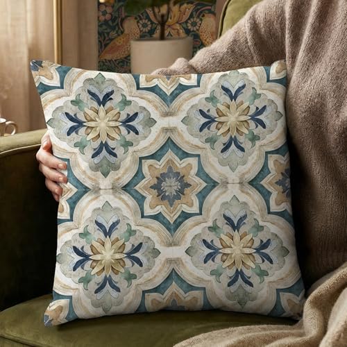 YOU FOUND ME Boho Throw Pillow Covers 18x18 Inch, Vintage Bohemian Carpet Print Pillowcase, Soft Decorative Cushion Cover for Couch Sofa Bedroom Living Room Decor (Blue) - color: Blue