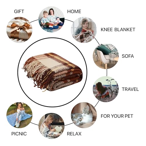 New Zealand Virgin Wool Throw Blanket, Indoor and Outdoor Blankets and Throws, Comfortable Soft Blanket with Fringes and Tartan Pattern, 67 x 79 in, Queen Size, Brown and Beige - color: Beige and Brown