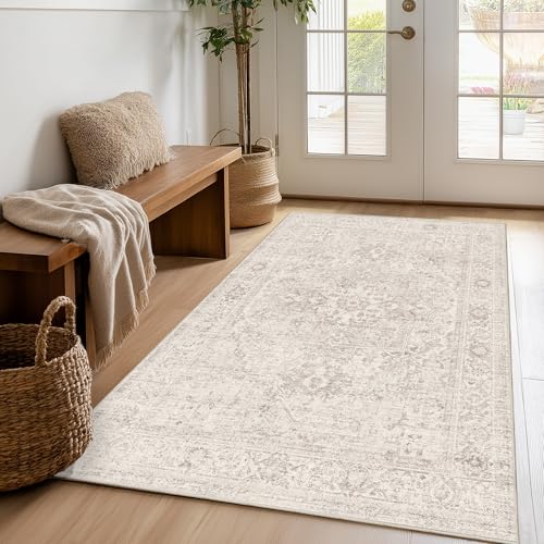 FMFUNCTEX 4x5 Washable Area Rug Neutral Vintage Beige Distressed Non Slip Low Pile Traditional Indoor Carpet for Living Room Bedroom Soft Retro Mat Throw Rug for Dining Office Kitchen Dorm Entryway - color: Beige, size: 4' x 5' (Rectangular)