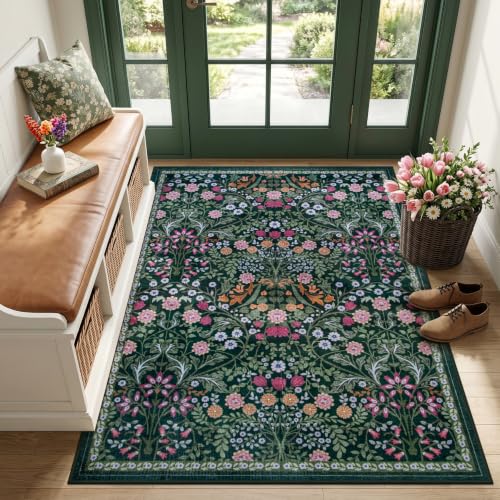 Area Rug Living Room Rugs: Floral 3x5 Washable Rug Vintage Soft Boho Non-Slip Carpet Indoor Floor Stain Resistant Large Carpets for Bedroom Dining Room Farmhouse Nursery Hallway Dark Green - color: Dark Green, size: 3' x 5' (Rectangular)