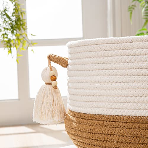KAKAMAY Woven Baskets for Storage(16"x8"),Blanket Basket for Organizing Living Room,Cotton Rope Basket Woven Baby Laundry Hamper,Collapsible Laundry Room Organization,Clothes,Toy Chest(Brown) - color: Brown