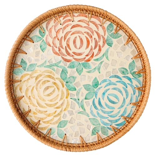 Round Rattan Tray with Mother of Pearl Inlay, Decorative Wicker Serving Tray with Wooden Base, Woven Basket Trays for Bread Fruits Coffee, Peony - color: Peony