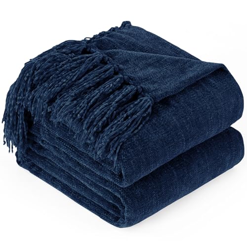 Chenille Throw Blanket for Couch with Tassels,60"X80" Soft Cozy Lightweight Knitted Boho Decorative Blankets for Bed and Sofa,Navy Blue - color: Navy Blue, size: 60"x80"