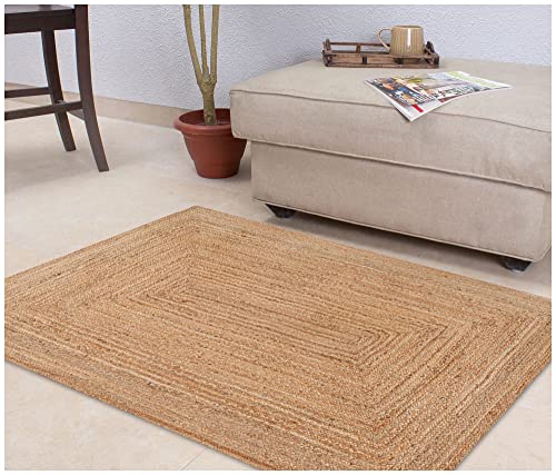 Hand Woven Farmhouse Jute Area Rug 6x9 Ft Rectuangle Natural Yarn, Rustic Vintage Beige Braided Reversible Rug, Eco Friendly Rugs for Bedroom, Kitchen, Living Room, Farmhouse 100% Jute Rug - Natural - color: Natural, size: 6' x 9' (Rectangular)