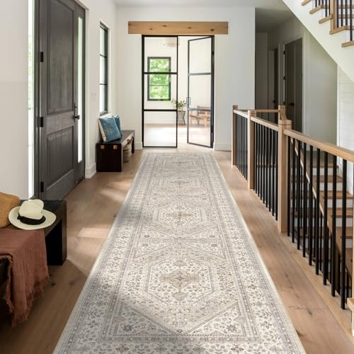 3x12 Runner Rug for Hallway Washable: Non Slip Kitchen Rugs with Rubber Backing Soft Waterproof Mats Stain Resistant Indoor Vintage Carpet Runner for Bedroom Bathroom Laundry Entryway Beige/Gray - color: Beige/Gray, size: 3' x 12' (Rectangular)