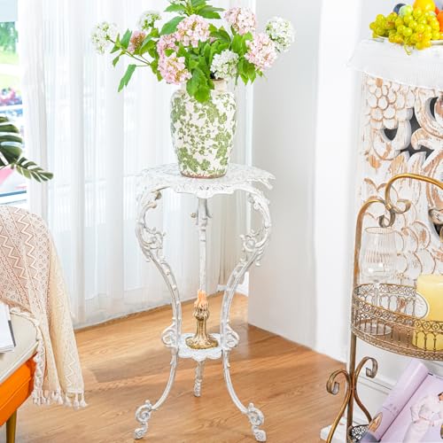 Sungmor Vintage Cast Iron Plant Stand - Ornate White Pedestal Table for Indoor Outdoor Garden, 27.5" Antique Metal Flower Pot Holder - Victorian Style Plant Display Stand, Patio, Porch, Balcony Décor - color: White