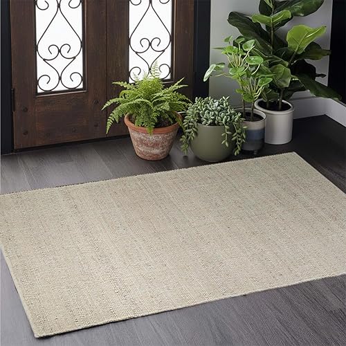 GRUHUM Jute Cotton Area Rug 3'x5'ft Rectangle Hand Woven Natural Farmhouse Rug -Living Room, Bedroom, Kitchen, Hallways, Entryways- Rustic Vintage Bohemian Eco-Friendly Home Décor 3x5ft Doormat - color: Natural - Ivory, size: 3' x 5' (Rectangular)