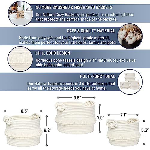 NaturalCozy 3-Piece Decorative Storage Basket Set – Cotton Rope Woven Baskets for Organizing! Small Storage Bins for Nursery Baby Stuff, Gift, Montessori, Dog Toy Bin, Cat Toys, Bathroom Shelves - color: Off White