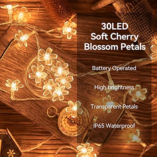 Flower Fairy Light Battery Operated Indoor String Lights 30LED Cherry Blossom Lights Waterproof Decoration for Christmas,Camping,Garden Fence,Birthday,Terrace,Yard,Wedding Party,Bedroom - color: Warm White