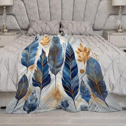Blanket Luxury Feather Leaf Plant Blue Throw Blanket for Women Men, 60"x80" Golden Foliage Plush Flannel Throws, Decor for Bed Couch Bedroom - color: Luxury Feather Leaf Plant Blue, size: 60"x80"