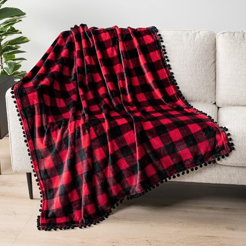 PAVILIA Black Red Fleece Throw Blanket for Couch with Pom Pom Fringe, Buffalo Checkered Plaid, Soft Cozy Fuzzy Flannel Blanket for Sofa Bed, Lightweight Plush All Season Throw, 50x60 Inches - color: Checkered Red, size: 50"x60"