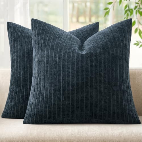 MIULEE Set of 2 Navy Blue Decorative Throw Pillow Covers 20x20 Inch, Thick Soft Textured Striped Cushion Covers, Modern Solid Color Farmhouse Boho Pillow Case for Sofa Couch Bed Living Room - color: Navy Blue, size: 20" x 20" (Pack of 2)