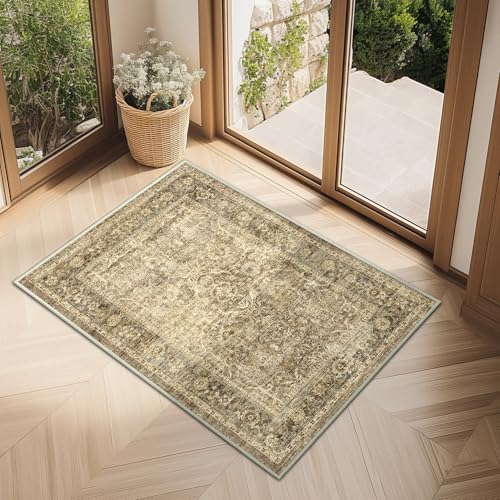 FMFUNCTEX Entryway Rug 2x3 Washable Brown Vintage Distressed Door Mat Non Slip Low Pile Indoor Carpet Soft Retro Floral Small Throw Area Rugs for Entry Way Entrance Bedroom Kitchen Bathroom Laundry - color: Brown, size: 2' x 3' (Rectangular)