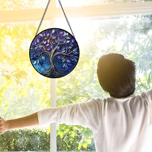 DASTOLL Stained Glass Window Hanging, Blue Purple Tree of Life Sun Catchers Colorful Glass Panel Plants Suncatcher Decor for Birthday for Women,Men,Wife, Lovers, and Mom 6.3 in - color: Blue Purple, size: 6.3x6.3 IN