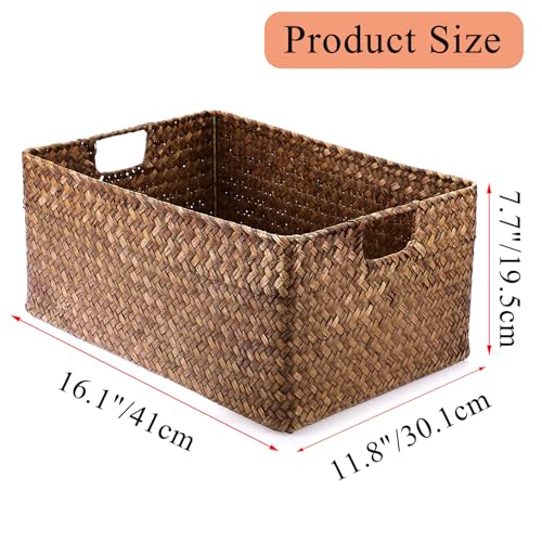 Hipiwe Seagrass Storage Baskets Bin for Shelf Handwoven Wicker Baskets Built-in Handles Rectangular Closet Bedroom Organizer Box Multipurpose Storage Basket Organizer,16.1"L x11.8"W x7.7"H - color: Coffee, size: X-Large,16.1"x11.8"x7.7"