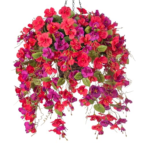 Artificial Fake Hibiscus Hanging Flowers Baskets for Outdoor Decoration, Faux Plants Silk Hibiscus Long Vines in Planter UV Resistant Realistic Flowers for Outside Porch Patio Home Decor, RedPurple - color: Redpurple