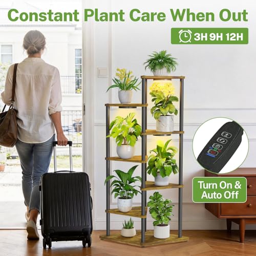 iDavosic.ly Tall Plant Stand with Grow Lights for Large & Heavy Duty Planters, 6 Tier Indoor Corner Flower Shelf with Wooden Trays & Metal Frame, Orchid Rack for Living Room Balcony, Black & Brown - size: 6 Tier with Light