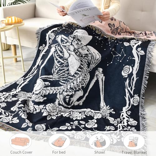 Boho Throw Blanket Reversible Cotton Bohemian Tapestry Hippie Room Decor Double Sided (Boho Skeleton Lover Moon Blue 50"x60") - color: Boho Skeleton Lover Moon Blue, size: 50*60 inch