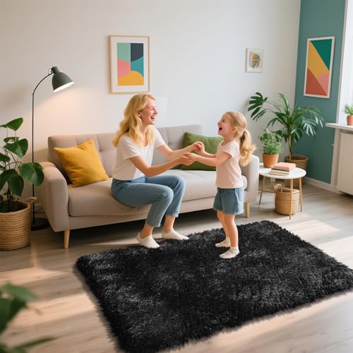 Shag Area Rug for Bedroom 3x5,Black Fluffy Area Rugs for Living Room,Soft Fuzzy Rug Non-Shedding Indoor Plush Carpet for Bedroom Dorm Home Decor - color: Black, size: 3' x 5' (Rectangular)