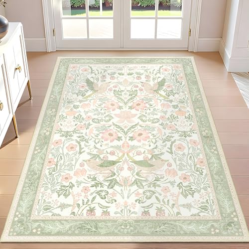 Green Rug 3'x5',Washable Area Rugs for Bedroom Living Room Entryway Bedside,Small Boho Farmhouse Bohemian Botanical Distressed Oriental Non Slip Carpet,Sage Floral Bird - color: Green Floral Bird, size: 3'x5'
