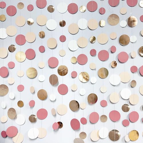 Champagne Gold Dusty Pink Decorations Circle Dots Garland Gold Pink Nude Neutral Cream White Boho Hanging Polka Dot Streamer for Bridal Shower Birthday Wedding Engagement Baby Shower Party Supplies - color: Champagne Gold Dusty Pink