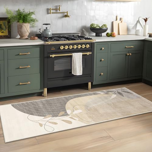MUJOO Washable 2x6 Runner Rugs for Kitchen Hallway Bedside Bathroom Laundry Room Bedroom,Boho Long Area Rug Non Slip Carpet Throw Rug Mid Century Modern Abstract Botanical Geometric Neutral Beige - color: Beige（modern）, size: 2' x 6' (Rectangular)