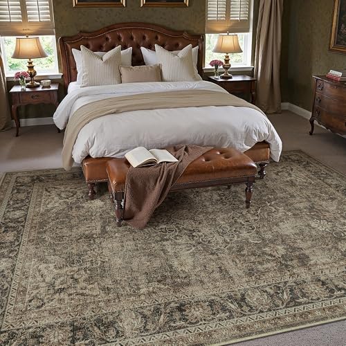 8x10 Washable Area Rug Brown Vintage Non Slip Soft Low Pile Rug for Living Room Bedroom Dining Room Office Distressed Oriental Indoor Large Throw Carpet for Home Decor - color: Brown/Black, size: 8' x 10' (Rectangular)