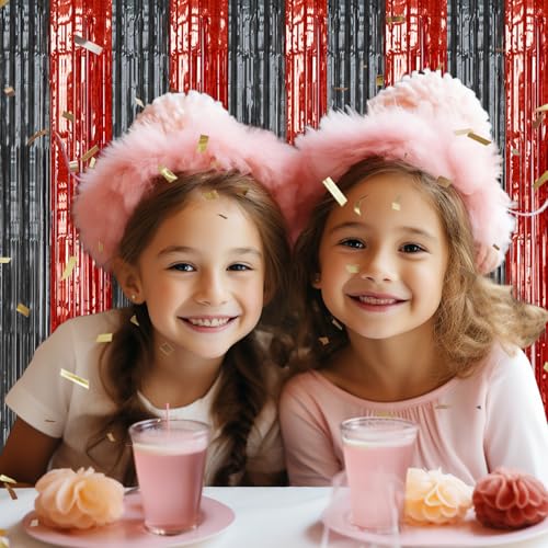 DECOCKRAT 2 Pack Foil Fringe Backdrop - Red&Black Shiny Tinsel Curtains for Party Decoration/Photo Booth Props - 3.3x6.6 FT Metallic Foil Backdrop for Birthday, Wedding, Graduation, Christmas. - color: Red Black
