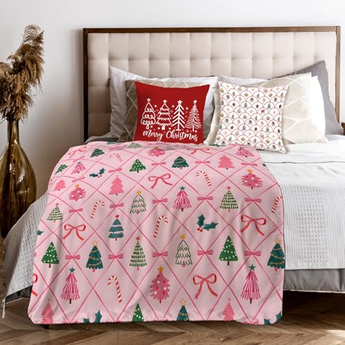 Coquette Pink Bow Christmas Throw Blanket for Couch, Preppy Christmas Decor, Pink Girly Xmas Tree Candy Cane Throw Blanket for Girls Bedroom Living Room Decoration, 50x60 Inches - color: Color_17