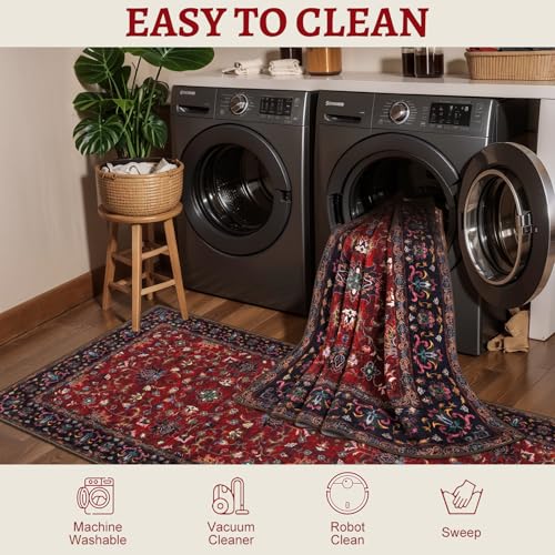 Tangsoo 2x3 Washable Rugs for Entryway, Vintage Floral Rug Red Small Area Rug Non-Slip Soft Low Pile, Small Carpet Door Mat, Front Door Indoor Throw Rugs for Entrance Kitchen Entry - color: Floral/Red, size: 2' X 3' (Rectangular)