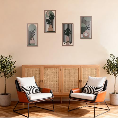 suruim Boho Wall Art Set of 4, Abstract Geometric Wooden Wall Decor, Mid-Century Modern Aesthetic Artwork with Arch, Vase & Botanical Design for Modern Home Decor for Bedroom, Office & Living Room(D) - color: D